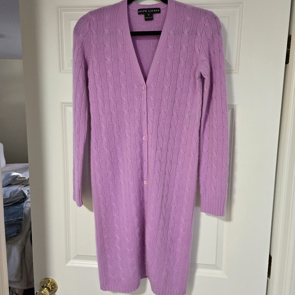 Ralph Lauren Lavender Cable Knit 100% Knee Length Cardigan
